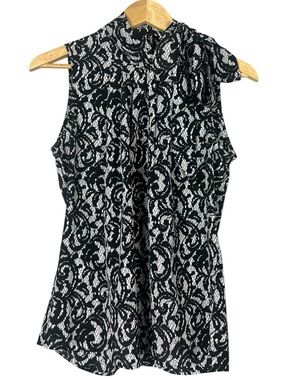 New York & Co Lace Print Sleeveless Blouse Black and White